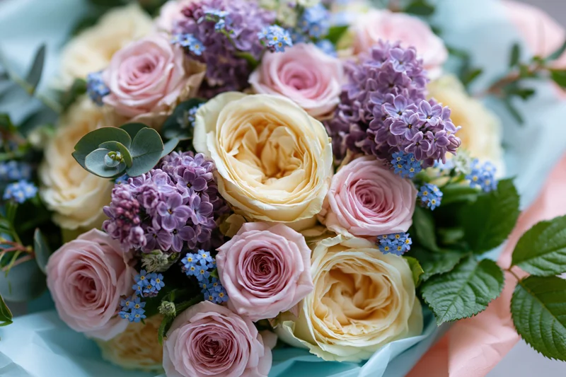 Hand-tied bouquet of cream and pink roses with purple lilac and blue forget-me-nots, wrapped in pastel paper