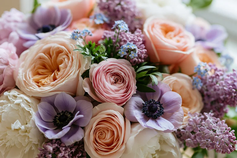 Close-up of a mixed floral arrangement with garden roses, peonies, anemones and lilac in soft pastel tones