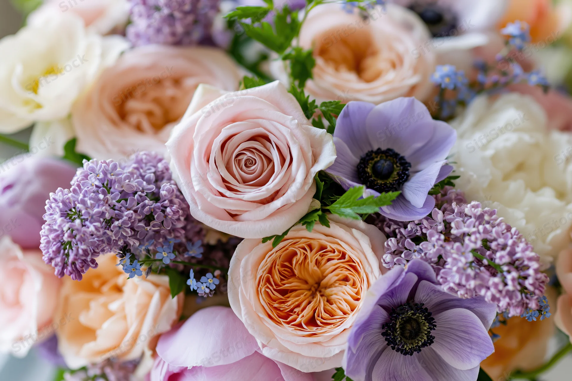 Close-up of a mixed floral arrangement with garden roses, peonies, anemones and lilacs in soft pastel colors
