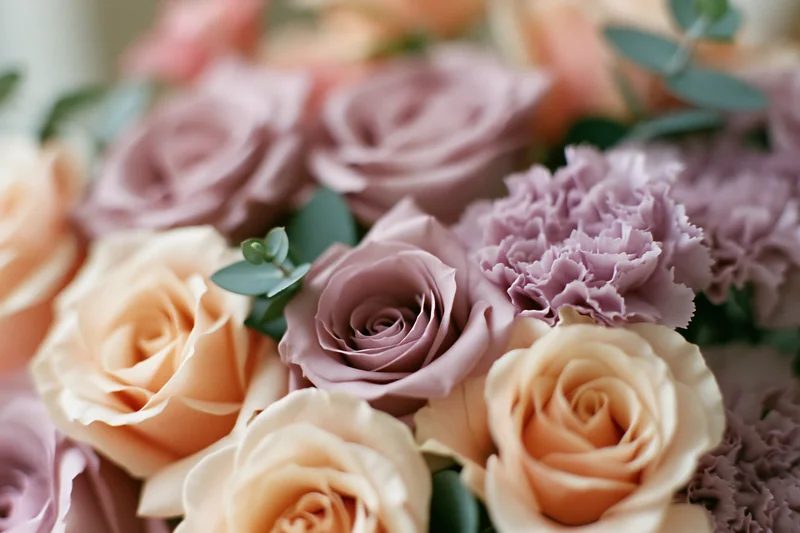Close-up of a mixed floral bouquet with peach roses and lavender carnations arranged with greenery