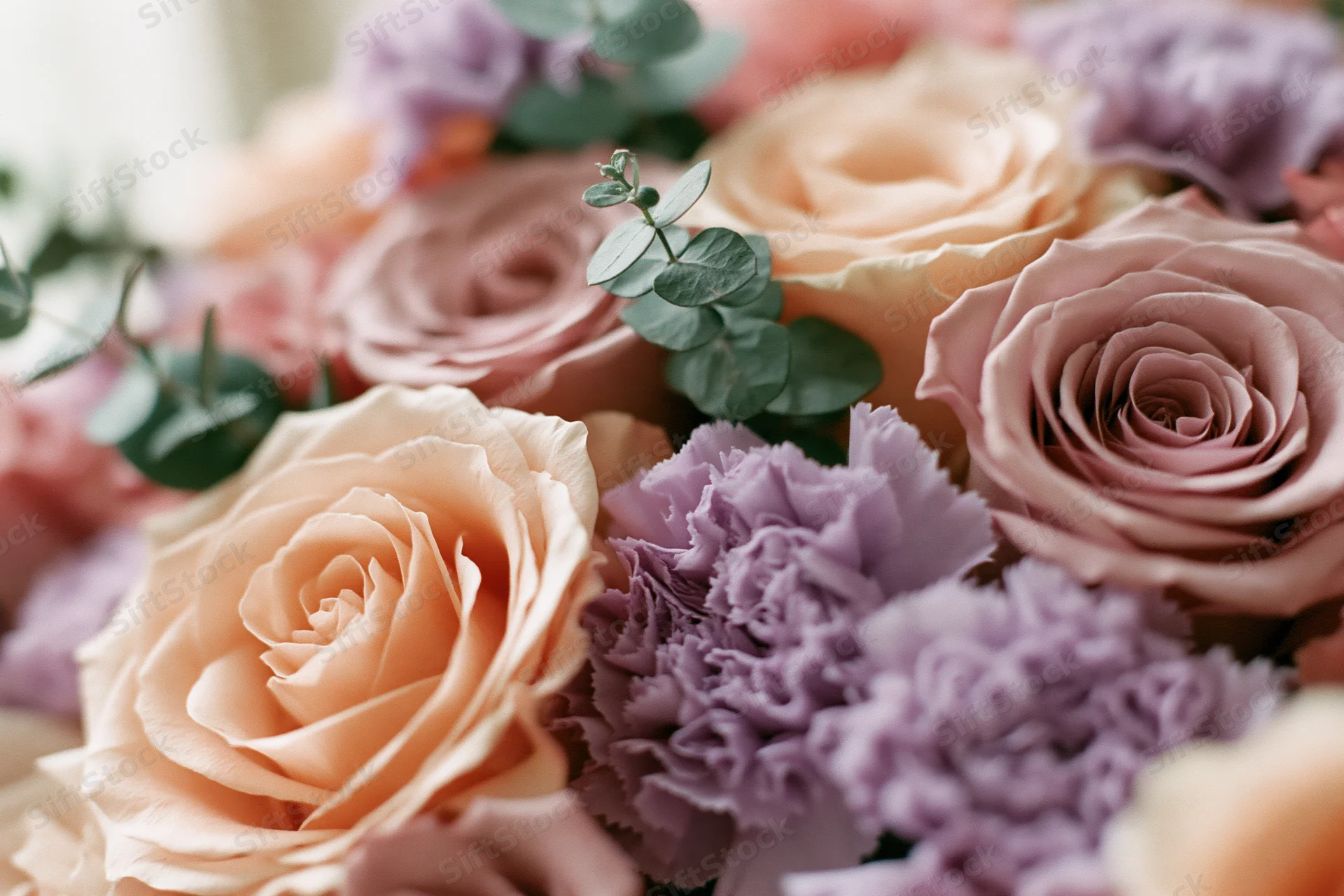 Close-up of a mixed floral bouquet with peach roses and lavender carnations arranged with eucalyptus greenery
