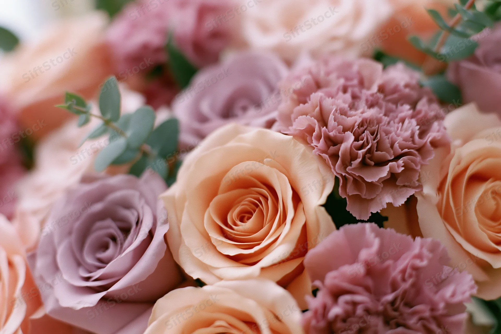 Close-up of a mixed floral bouquet with peach roses and pink carnations accented by eucalyptus leaves