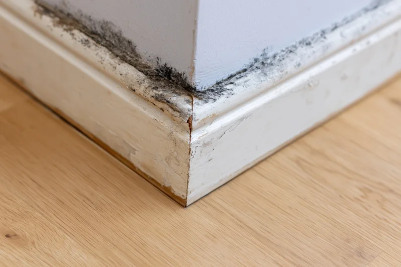 Mold growing on white painted skirting board at room corner above wooden floor