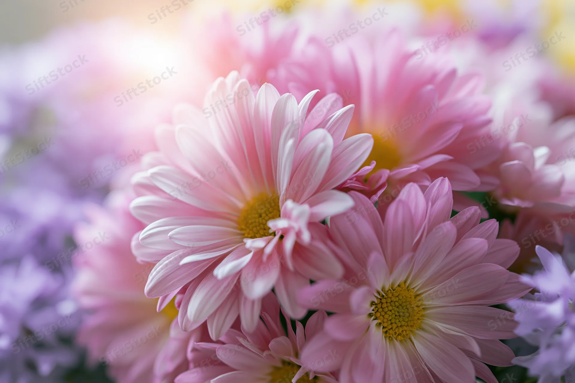 Close-up of pink chrysanthemum blooms with yellow centers in a floral arrangement