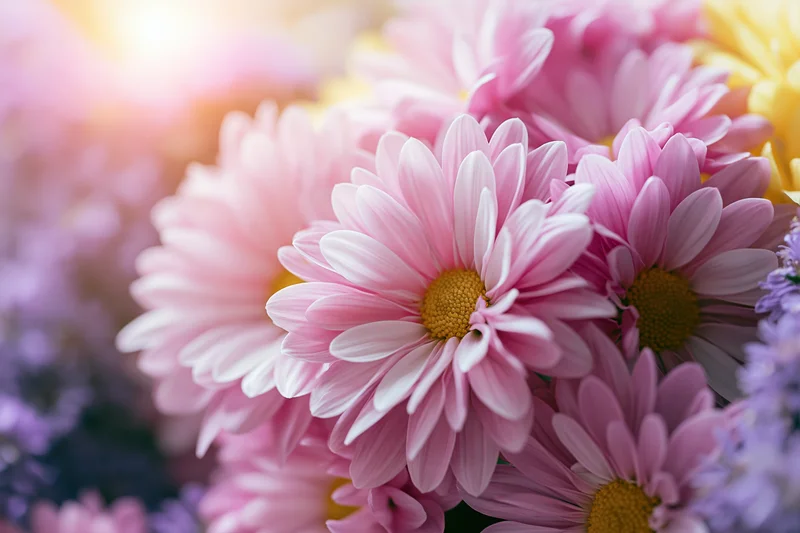 Close-up of pink chrysanthemum blooms with yellow centers in a floral arrangement