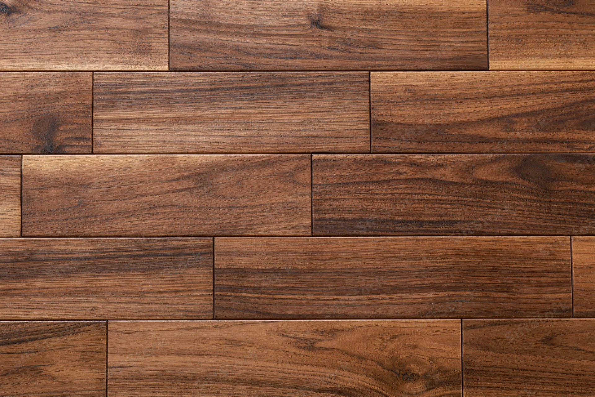 Dark walnut hardwood parquet flooring arranged in staggered pattern for interior use