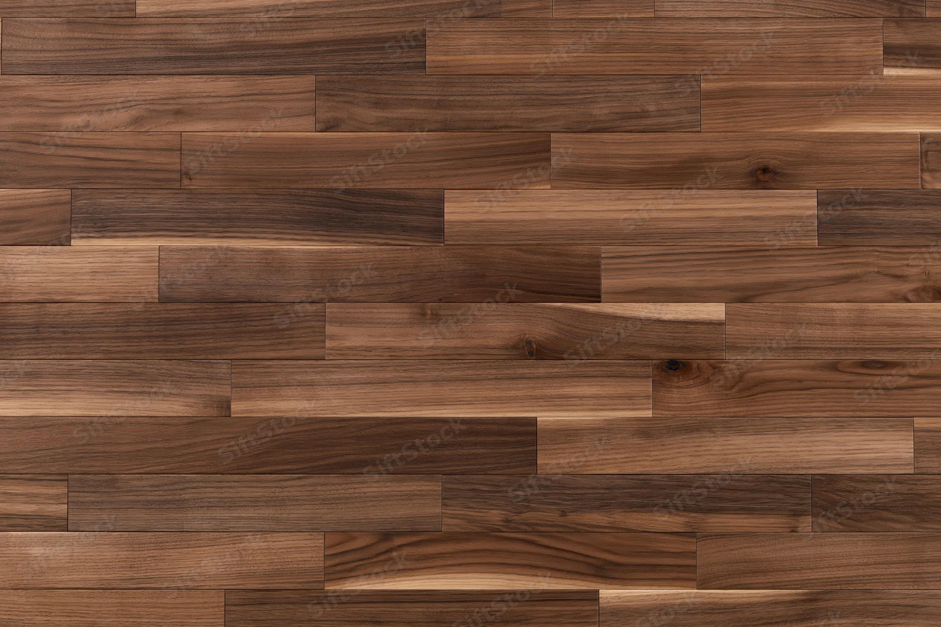 Dark walnut hardwood parquet flooring arranged in staggered planks for interior use