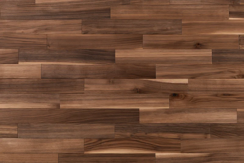 Dark walnut hardwood parquet flooring arranged in staggered planks for interior use