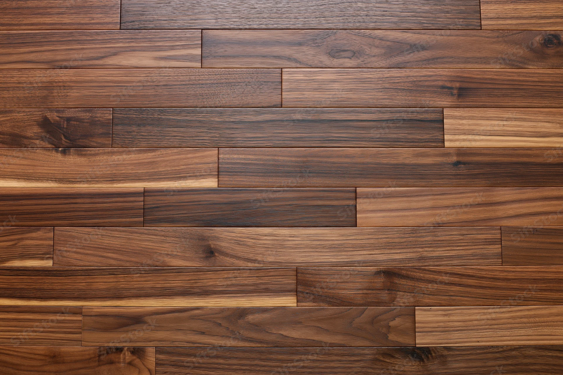 Dark walnut hardwood parquet flooring arranged in staggered planks for interior design