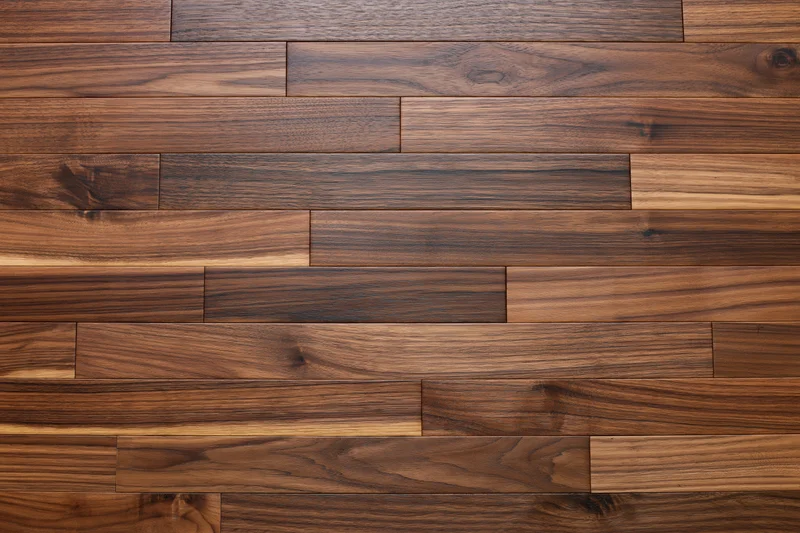Dark walnut hardwood parquet flooring arranged in staggered planks for interior design