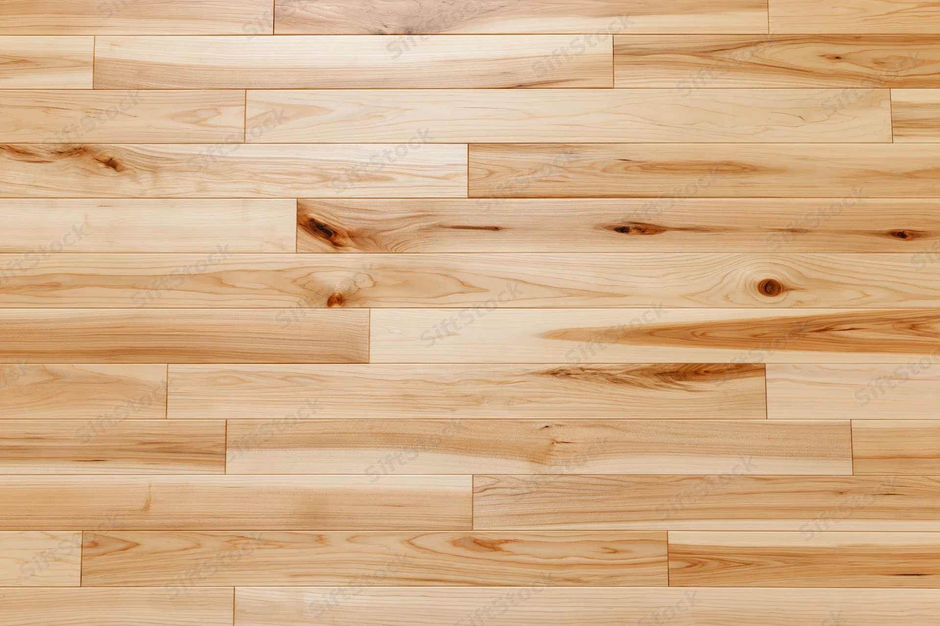 Light hardwood parquet flooring arranged in horizontal planks with natural wood grain and knots, viewed from overhead flat lay