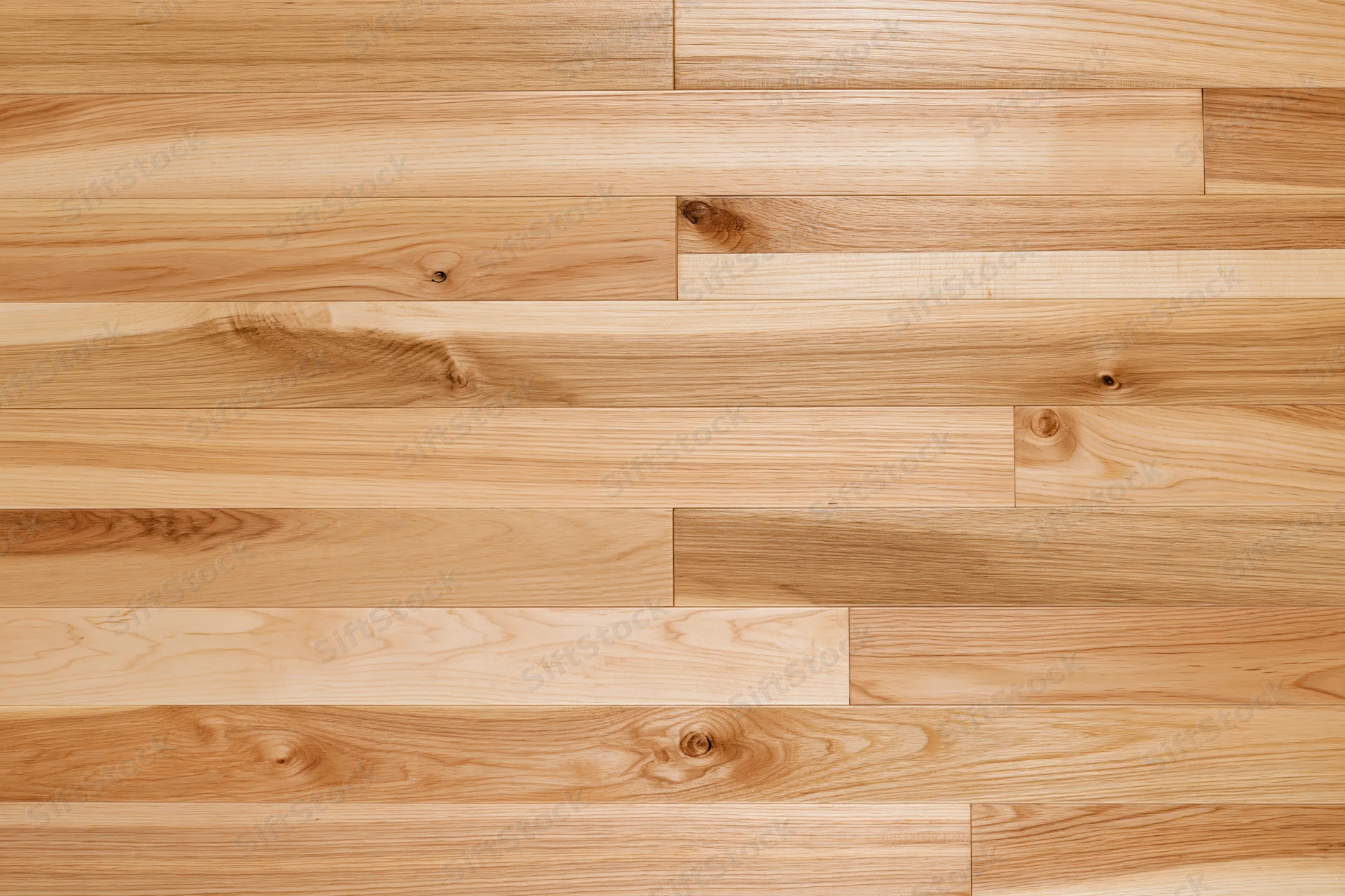 Light hardwood parquet flooring arranged in horizontal planks with visible wood grain and knots, viewed from overhead flat lay perspective
