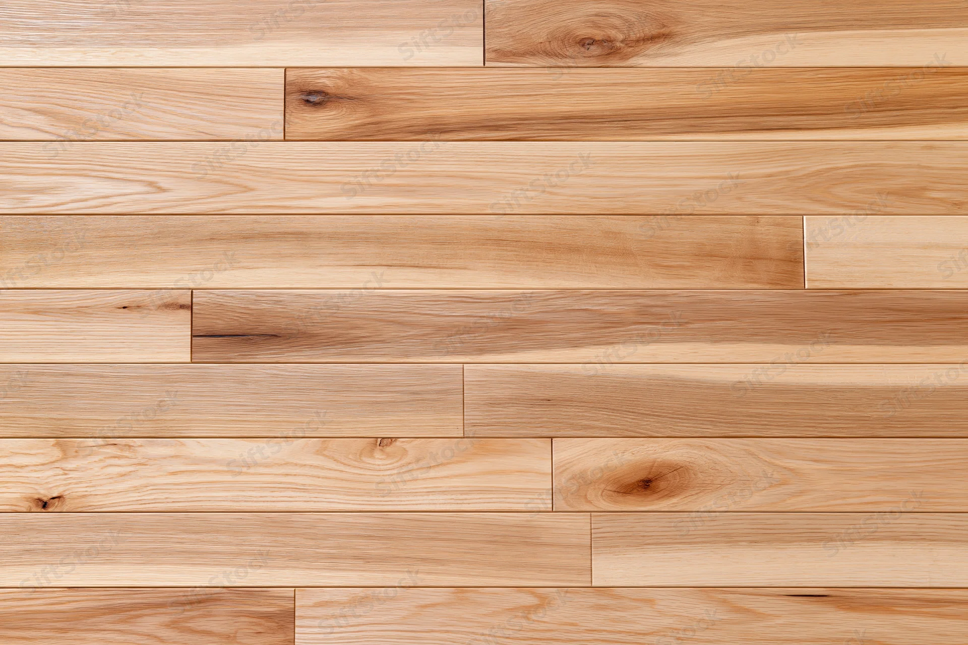 Light hardwood parquet flooring arranged in horizontal planks with natural wood grain and knots, viewed from overhead flat lay