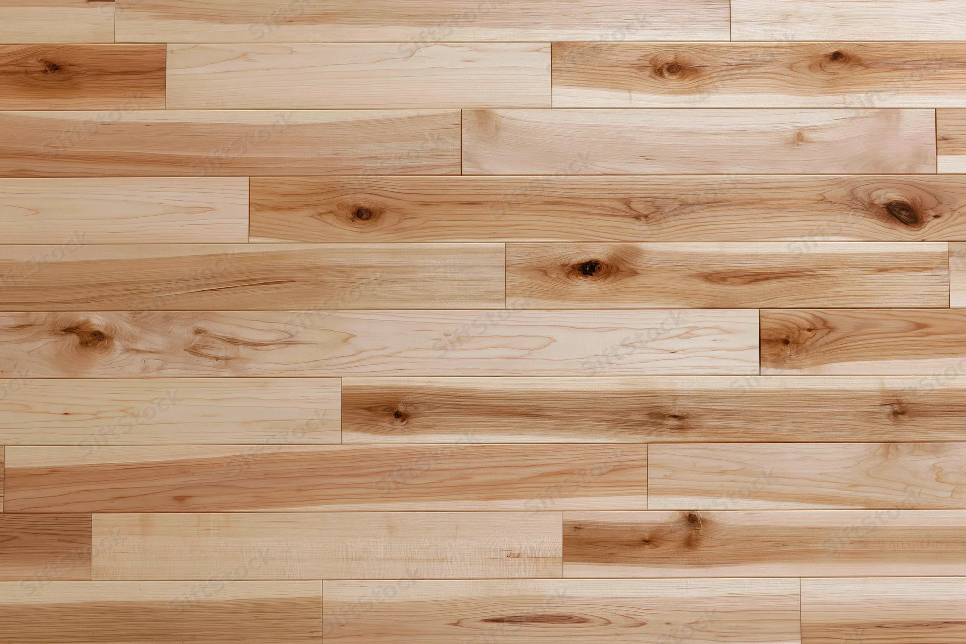 Light hardwood parquet flooring arranged in horizontal planks with natural wood grain and knots, viewed from overhead flat lay