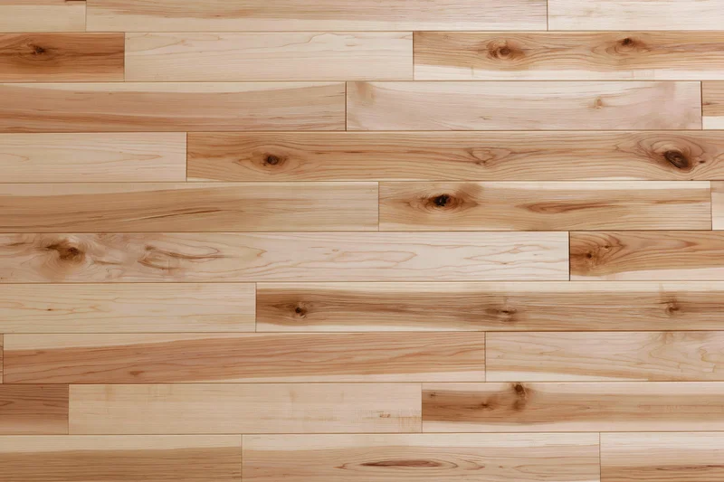Light hardwood parquet flooring arranged in horizontal planks with natural wood grain and knots, viewed from overhead flat lay