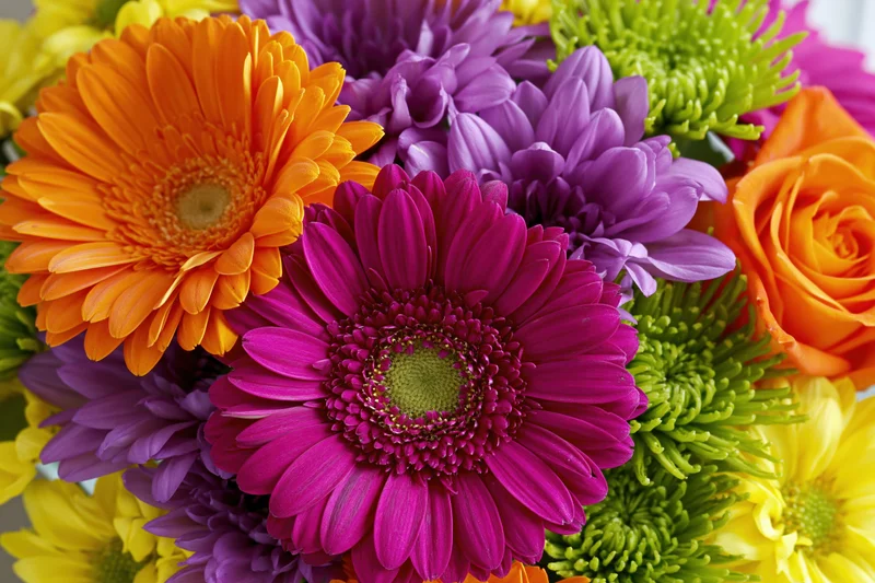 Close-up overhead view of a colorful mixed flower bouquet with gerbera daisies, roses, and chrysanthemums arranged together