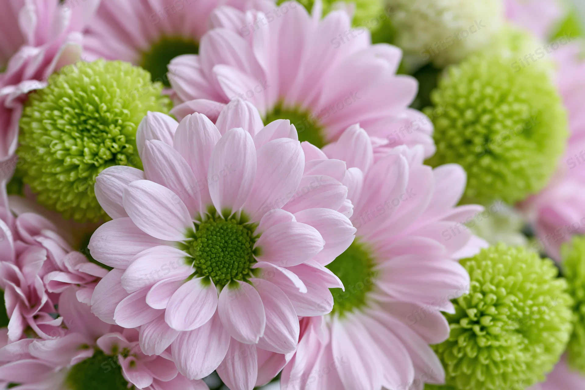 Close-up top-down view of a mixed bouquet of pink daisy-like flowers with green centers