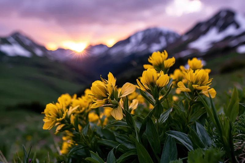 Cluster of bright yellow alpine wildflowers blooming in a mountain meadow at sunset