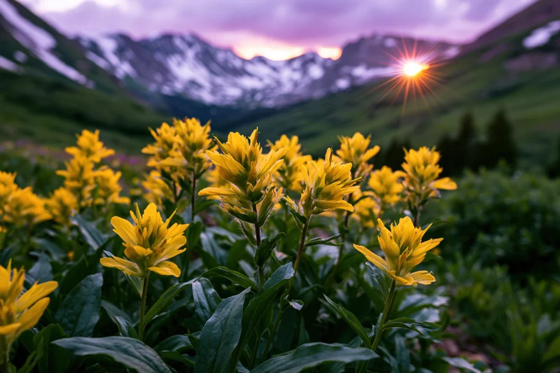 Cluster of bright yellow alpine wildflowers blooming in a mountain meadow at sunrise with snow-capped peaks in the background