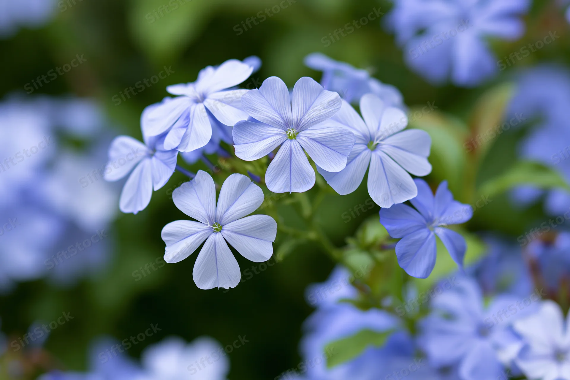 Cluster of pale blue plumbago flowers in full bloom close-up against green foliage