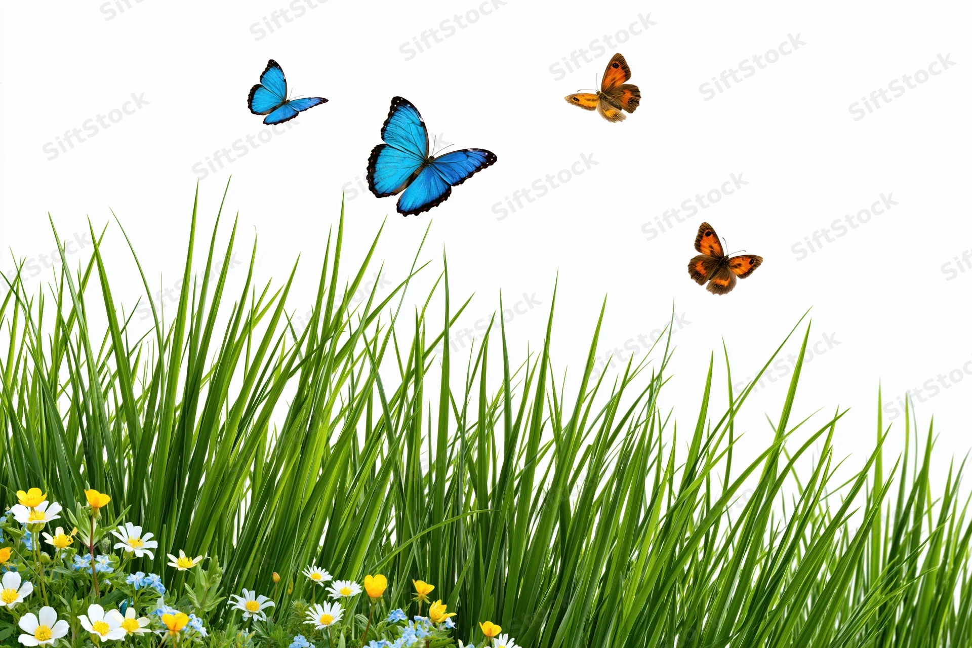 Tall green grass blades with small wildflowers and flying butterflies above, isolated on white