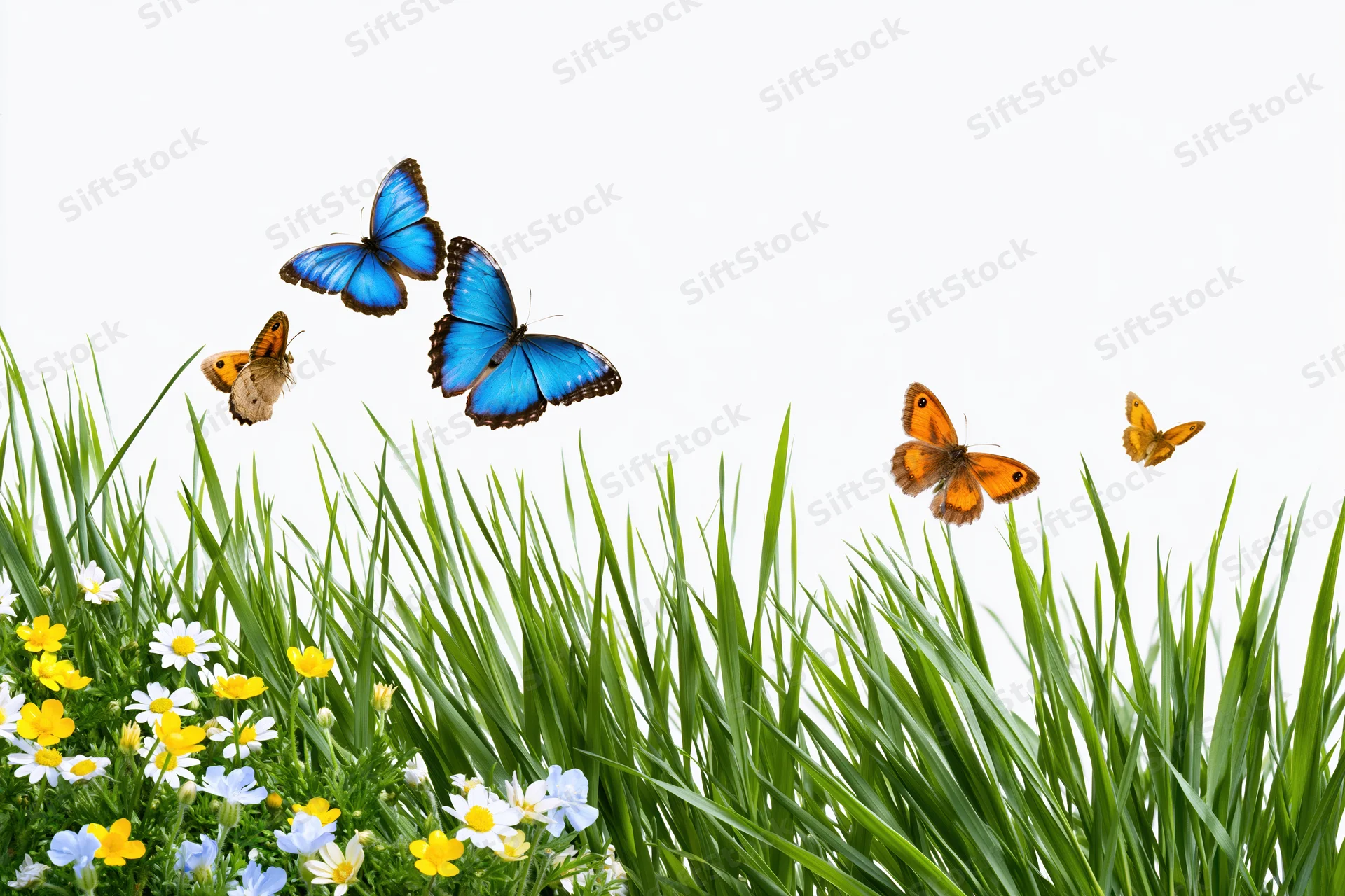 Tall green grass blades with wildflowers and flying butterflies above, isolated on white background