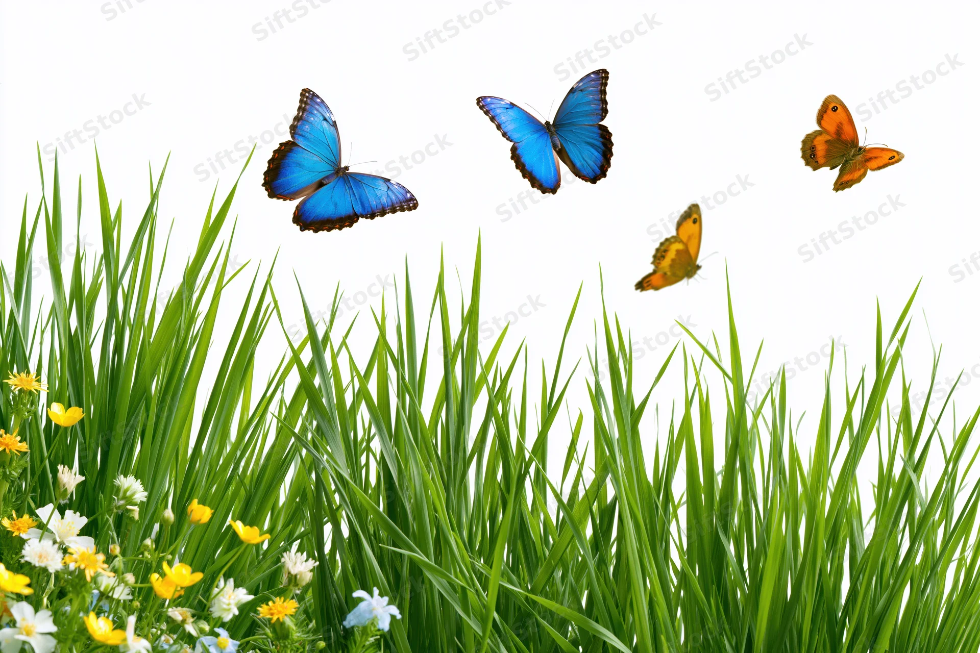 Tall green grass blades with small wildflowers and flying butterflies above, isolated on white