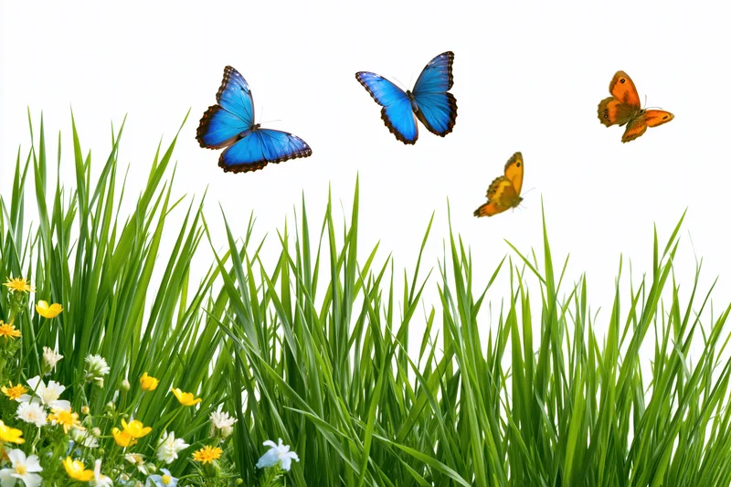 Tall green grass blades with small wildflowers and flying butterflies above, isolated on white