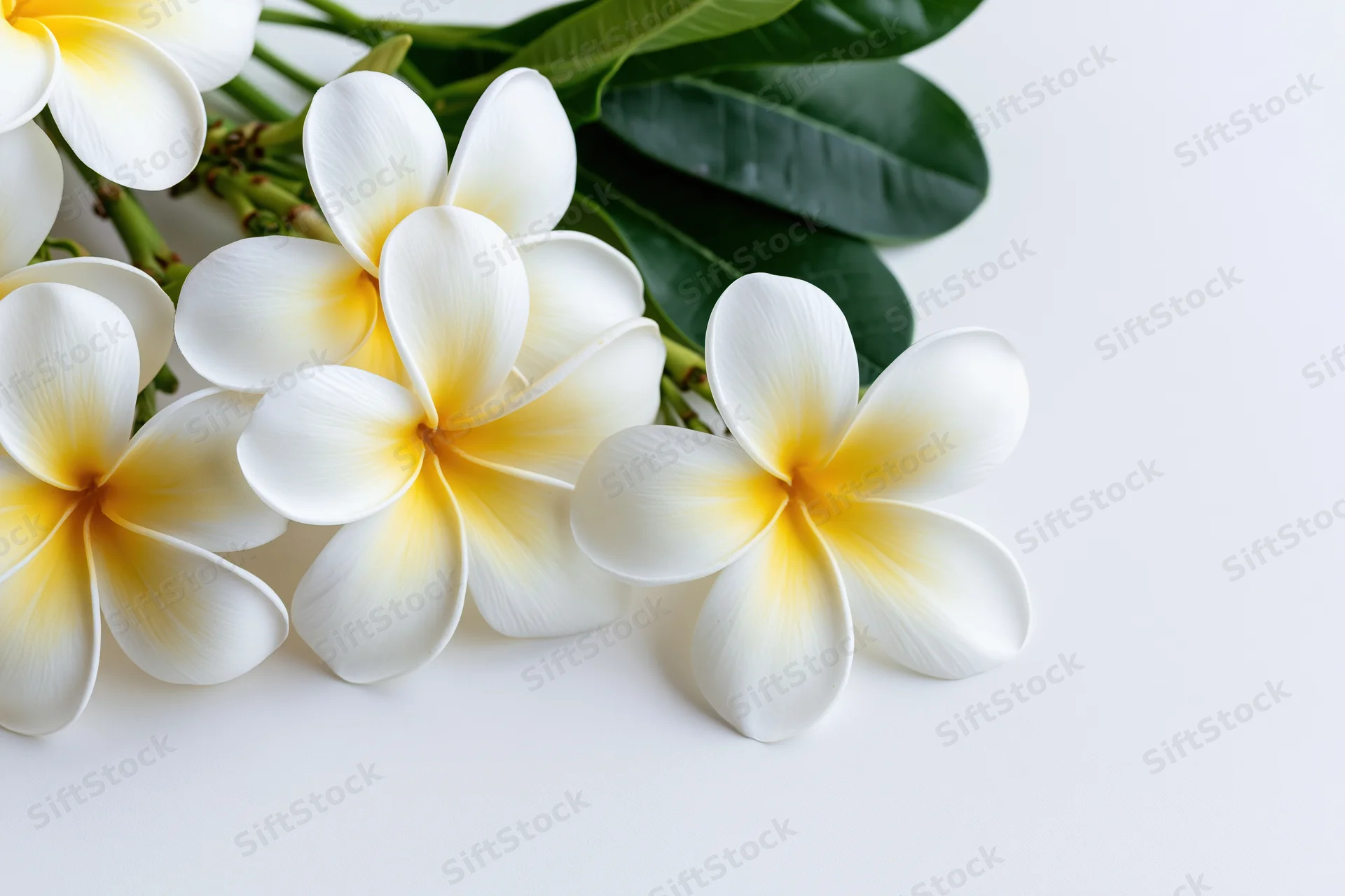 Cluster of white plumeria frangipani flowers with yellow centers arranged on white background with green leaves and stems