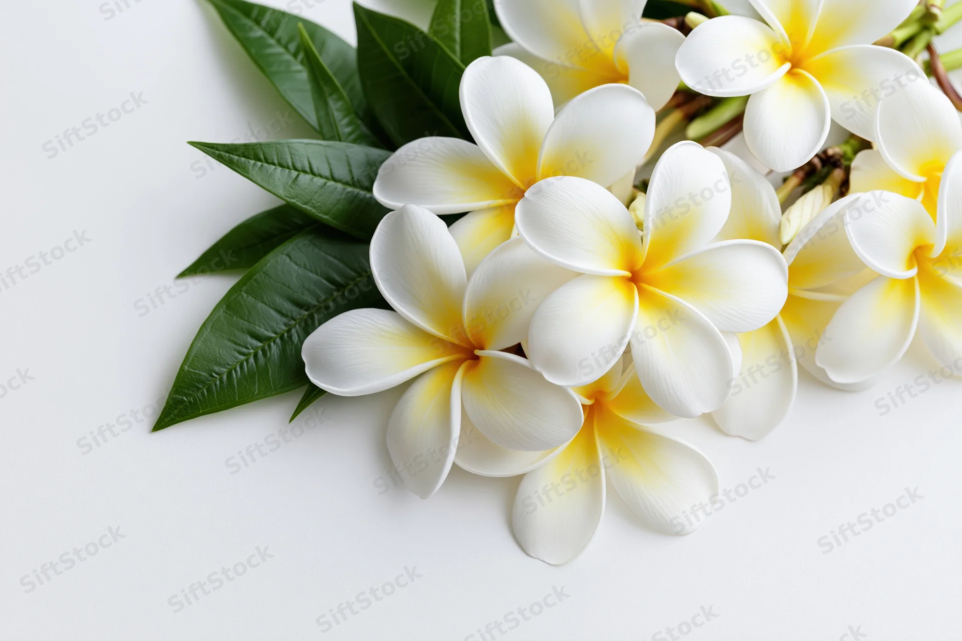 Cluster of white plumeria frangipani flowers with yellow centers and green leaves on white background