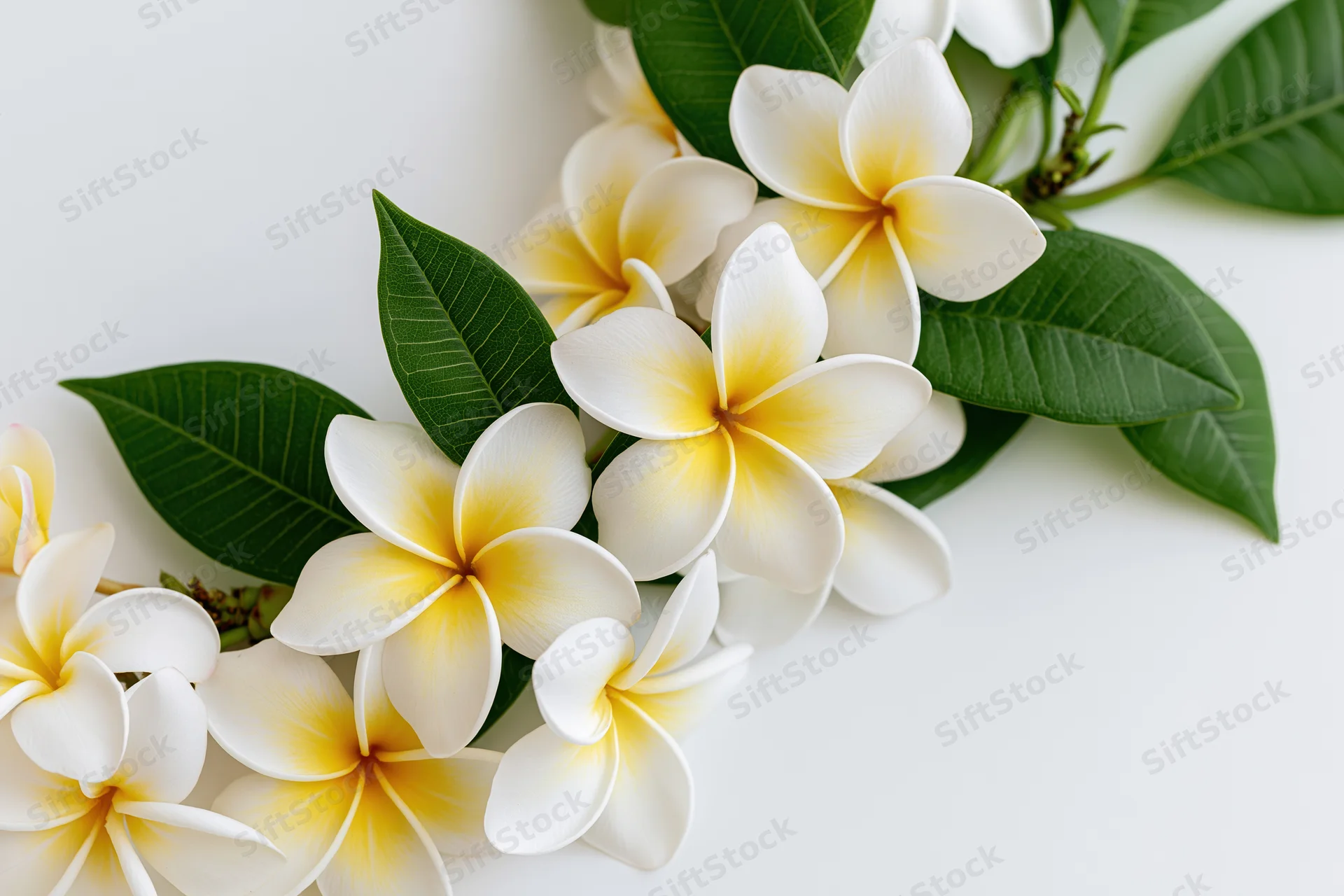 Cluster of white plumeria frangipani flowers with yellow centers and green leaves on white background