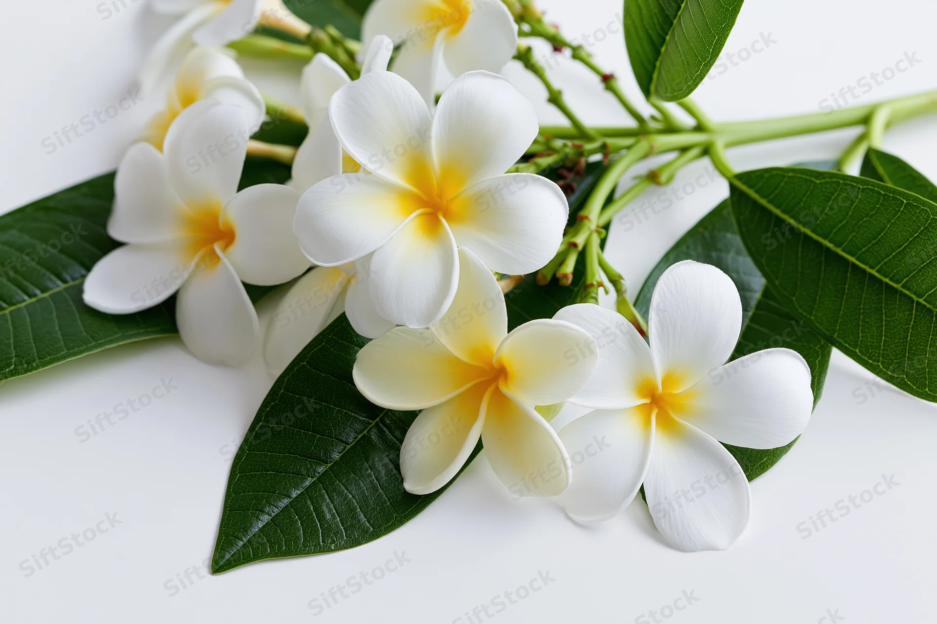 Cluster of white plumeria frangipani flowers with yellow centers on green leaves against white background