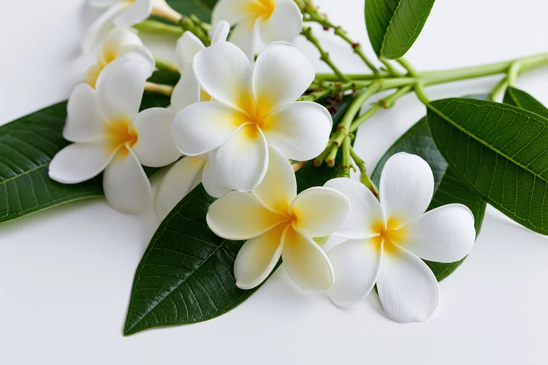 Cluster of white plumeria frangipani flowers with yellow centers on green leaves against white background