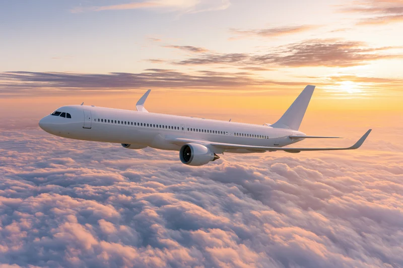 Commercial passenger airplane cruising above thick clouds at sunset