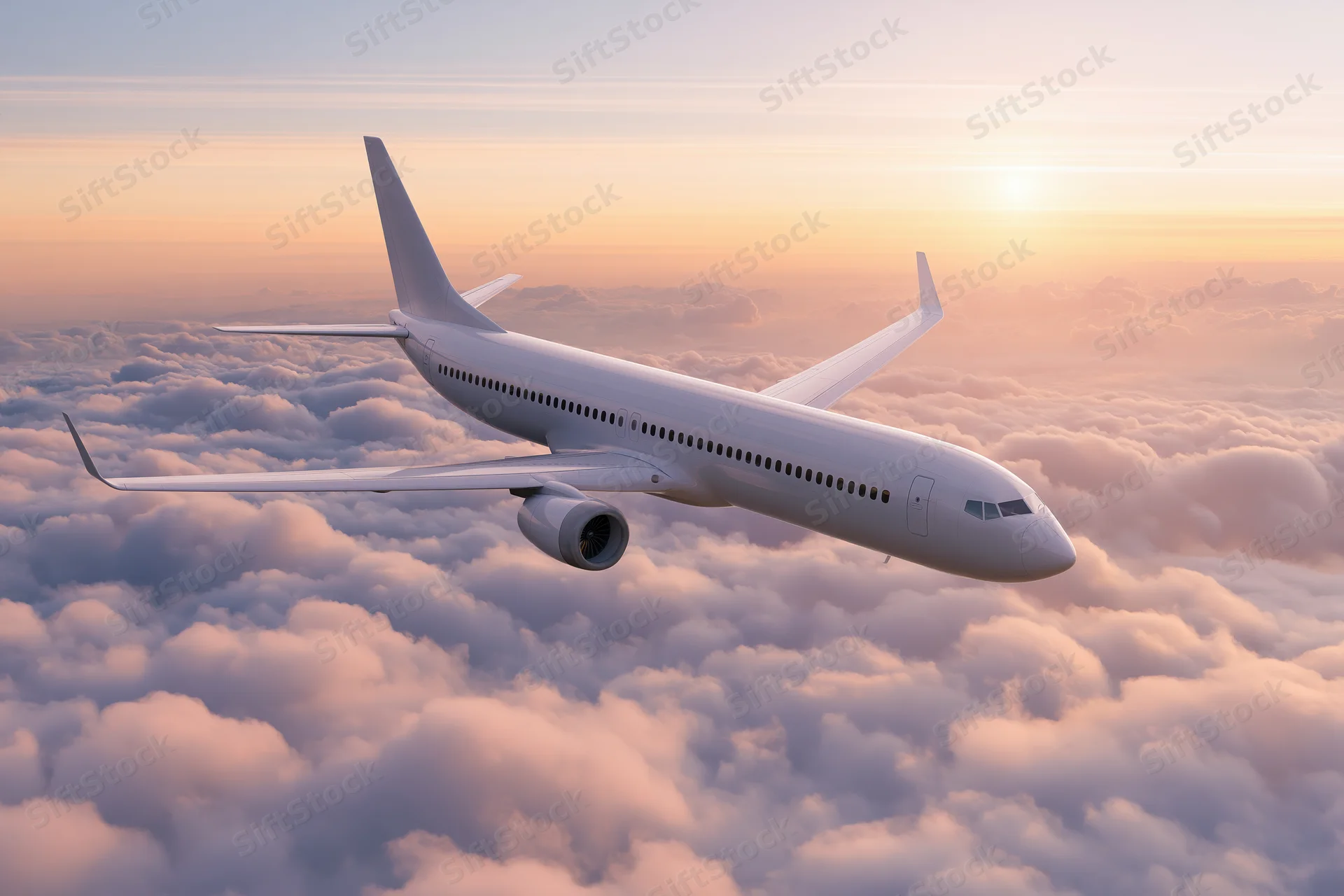 Commercial passenger airplane cruising above thick clouds at sunset