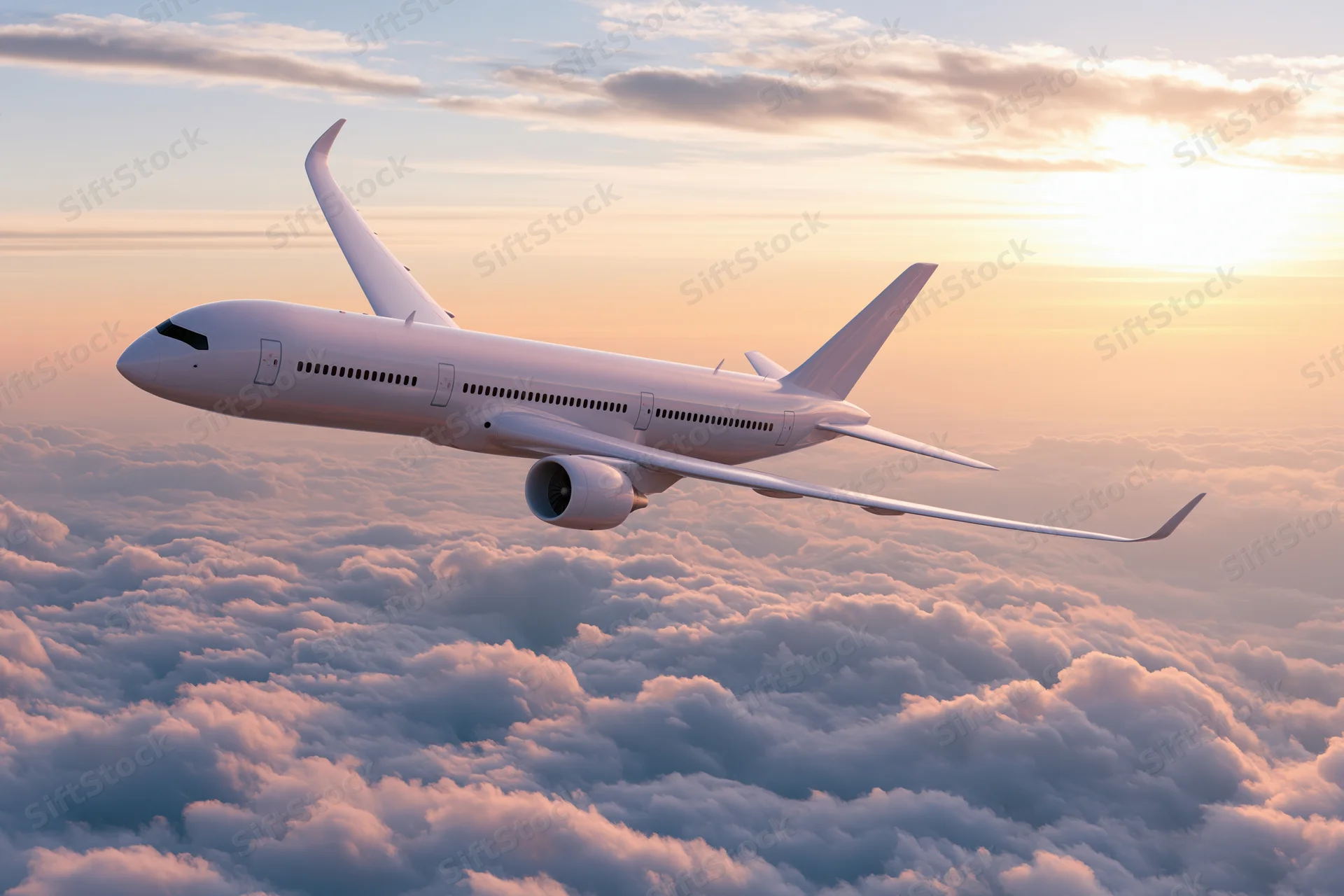 Commercial passenger airplane cruising above thick cloudscape at sunset