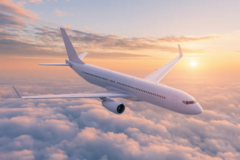 Commercial passenger airplane cruising above thick clouds at sunset