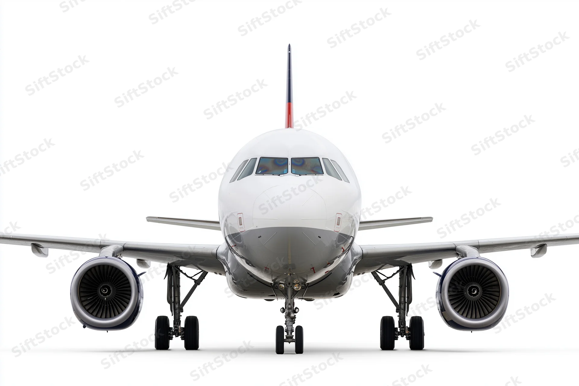 Commercial passenger jet viewed head-on from ground level with landing gear deployed and engines visible
