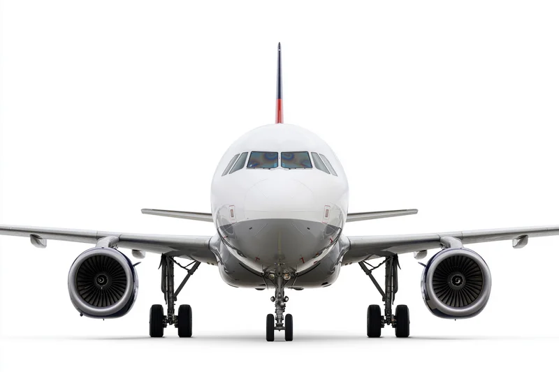 Commercial passenger jet viewed head-on from ground level with landing gear deployed and engines visible