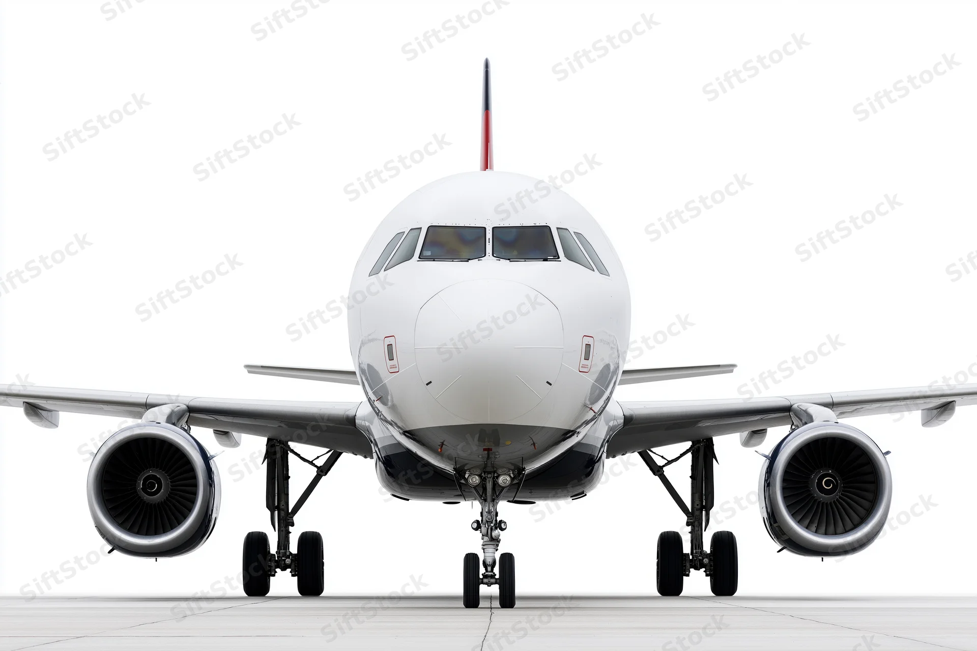 Commercial passenger jet viewed head-on from ground level on tarmac