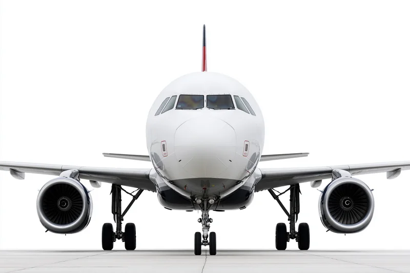 Commercial passenger jet viewed head-on from ground level on tarmac