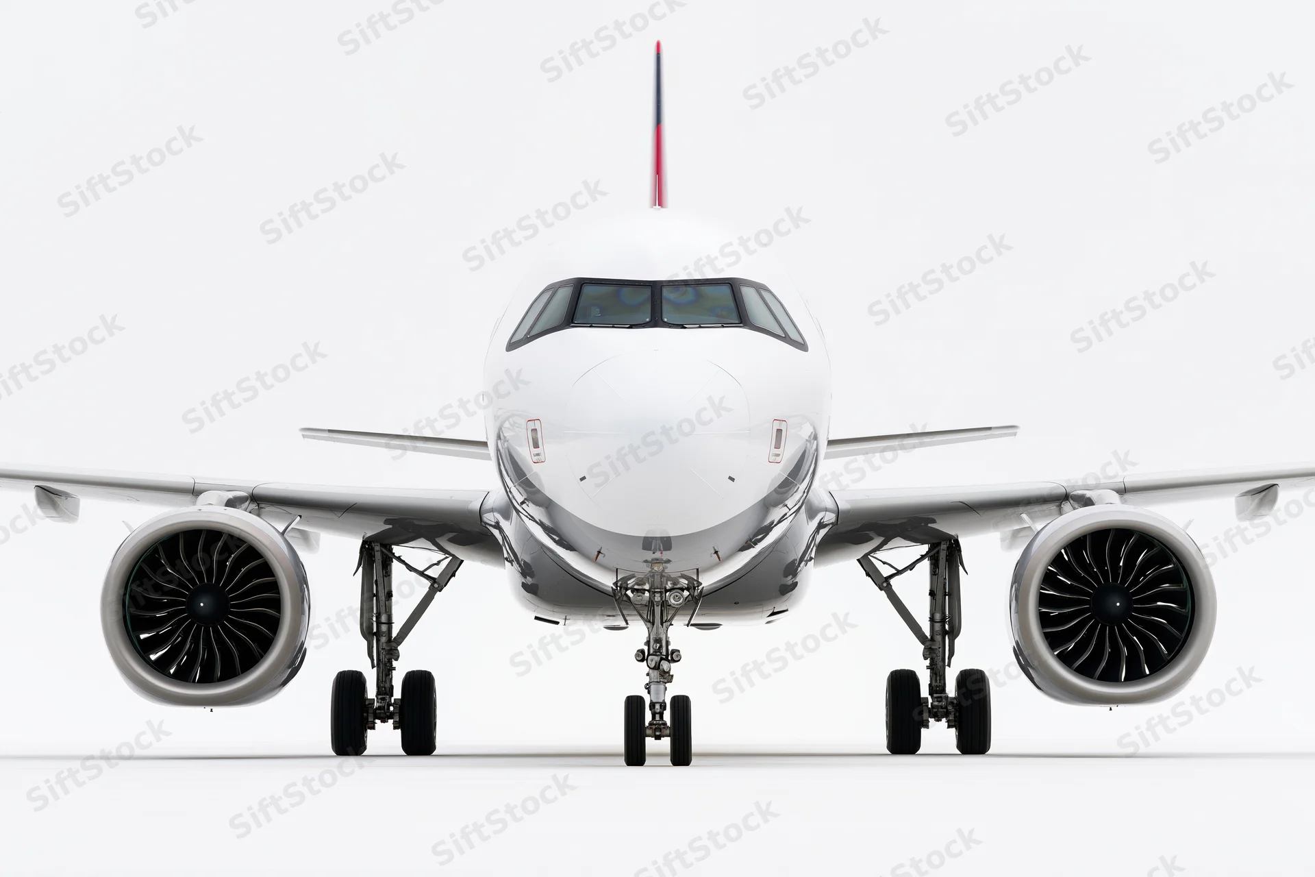 Commercial passenger jet viewed head-on from ground level on white background