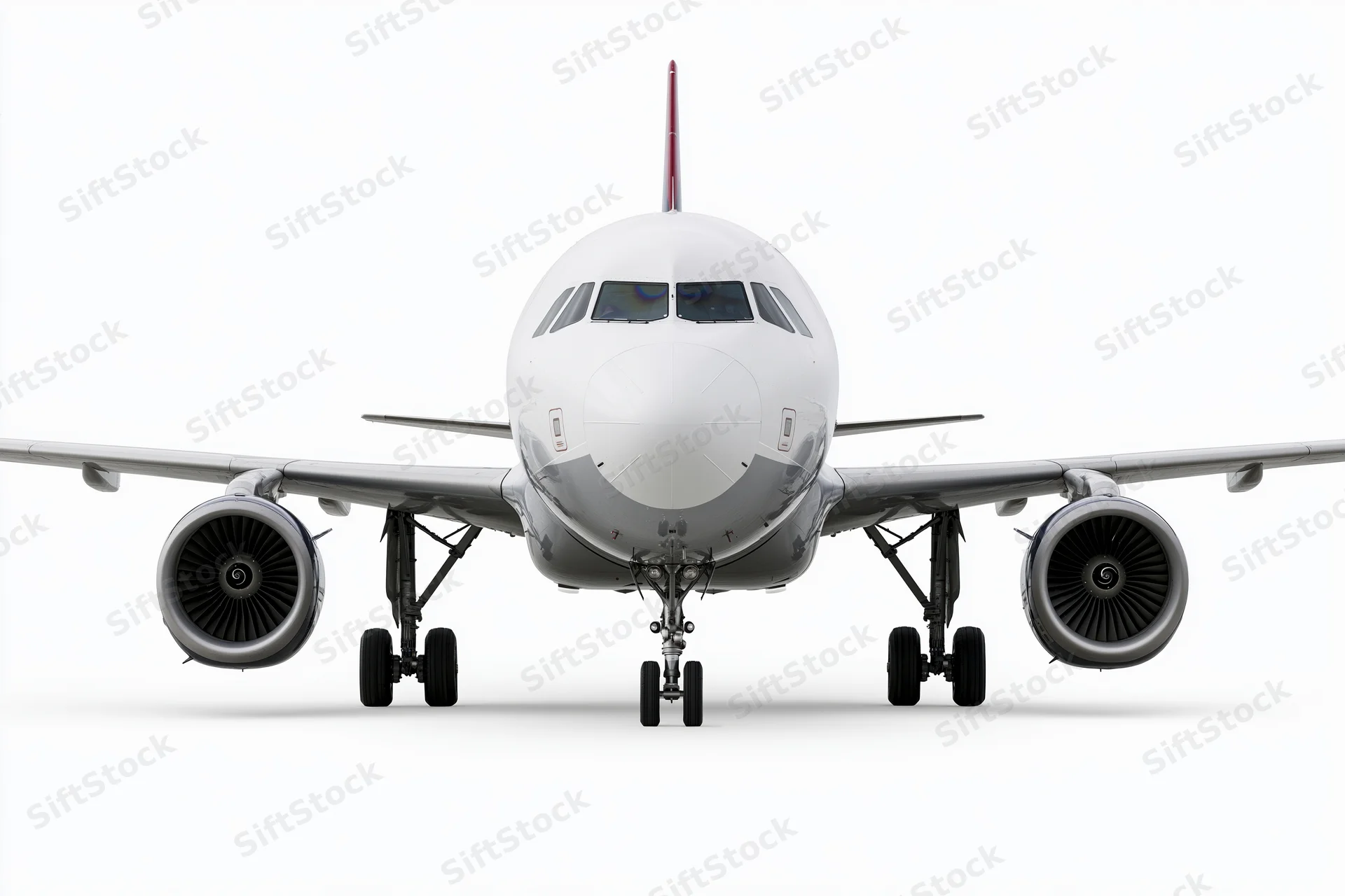 Commercial passenger jet viewed head-on from ground level with landing gear deployed and engines visible