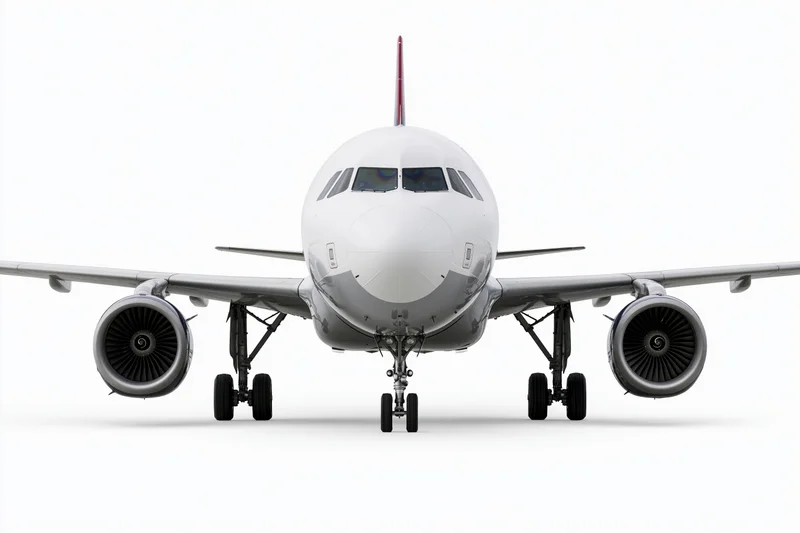 Commercial passenger jet viewed head-on from ground level with landing gear deployed and engines visible