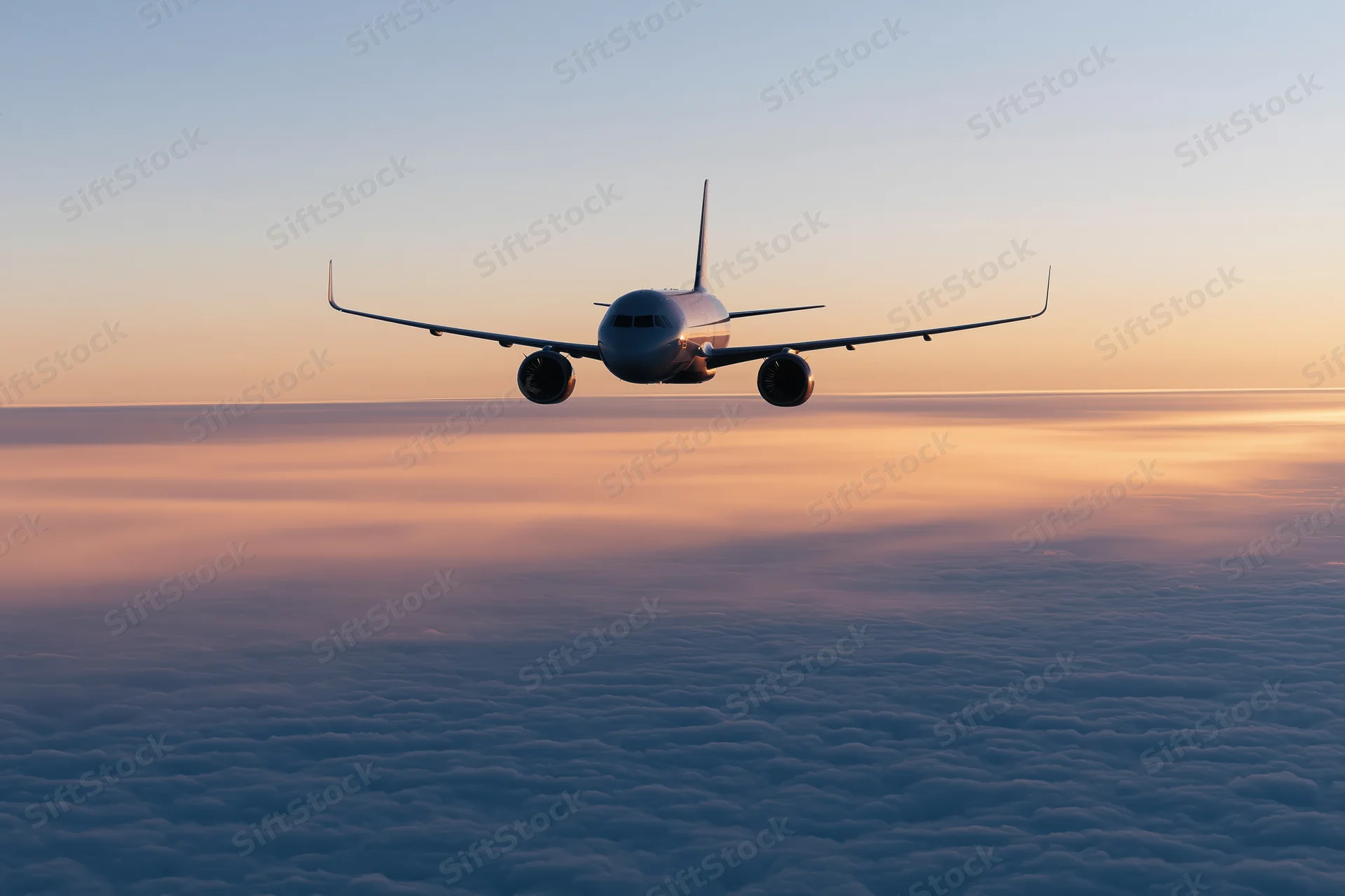 Commercial passenger jet cruising above dense cloud layer at sunset