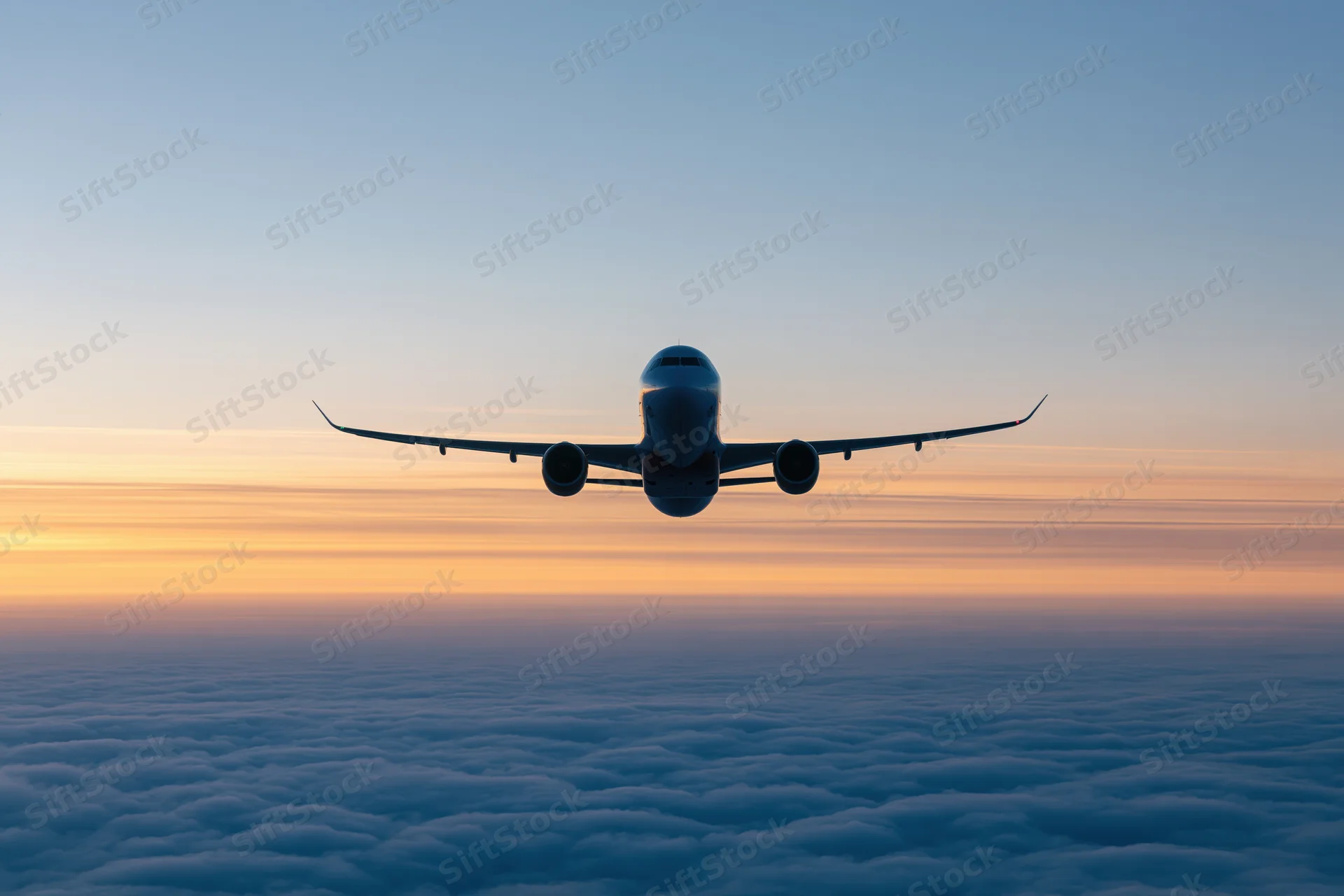 Commercial passenger jet flying above dense cloud layer at sunset