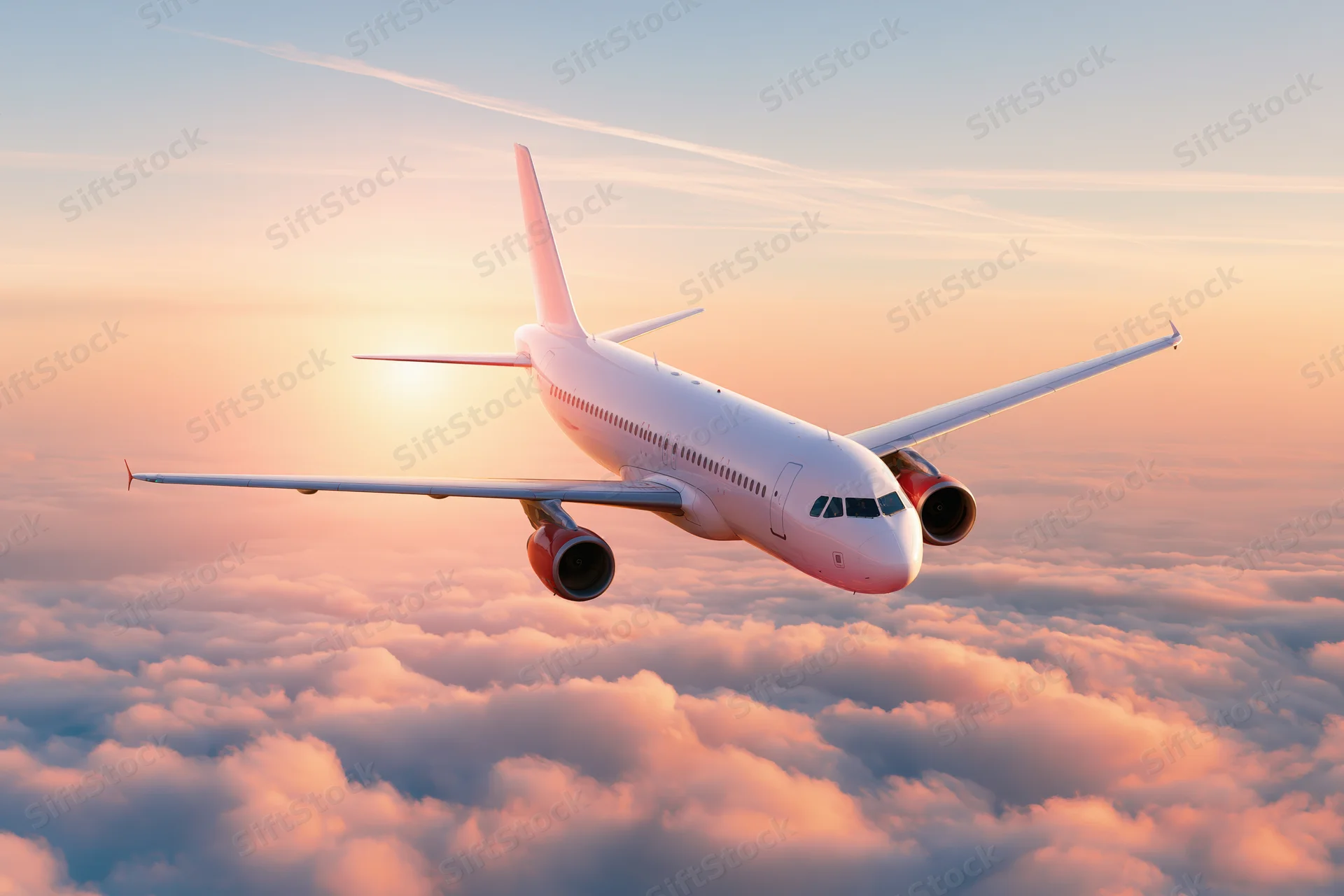 Commercial passenger jet in level cruise flight above dense clouds at sunset