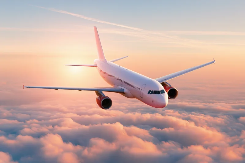 Commercial passenger jet in level cruise flight above dense clouds at sunset