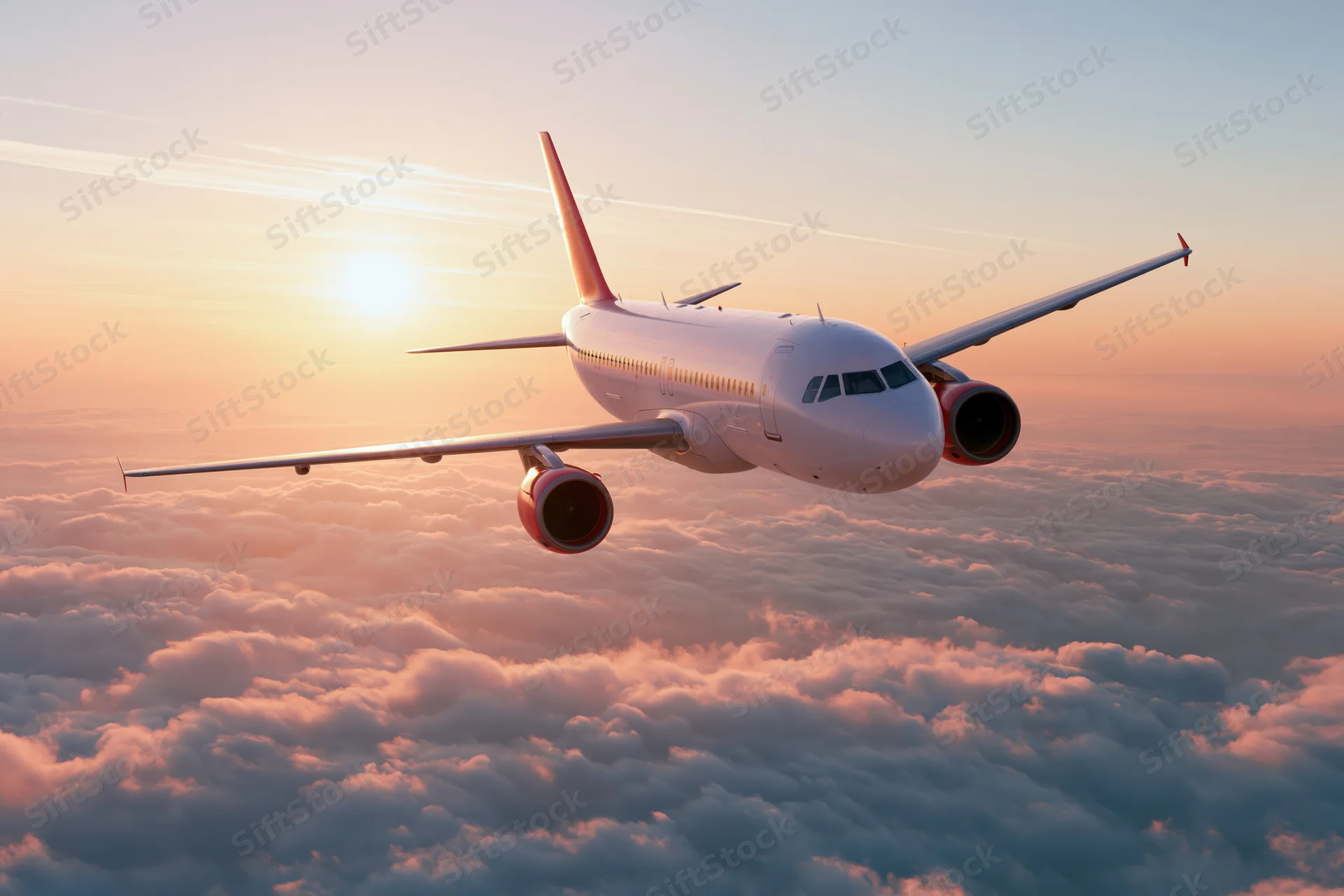 Commercial passenger jet in level cruise flight above dense clouds at sunset
