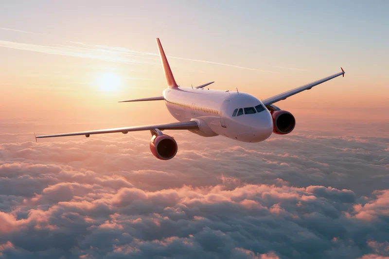 Commercial passenger jet in level cruise flight above dense clouds at sunset